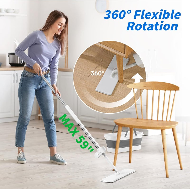 oshang Flat Mop and Collapsible Bucket OG7 with Wheels, 2 Washable Reusable Microfiber Pads, Pure White - Image 3